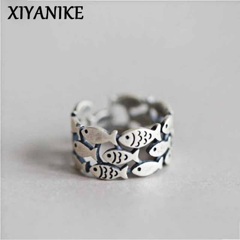 XIYANIKE Màu Bạc Handmade Nhẫn Đính Hôn Nữ Cưới Cặp Đôi Thiết Kế Sáng Tạo Dễ Thương Fishs Trang Sức Có Thể Điều Chỉnh
