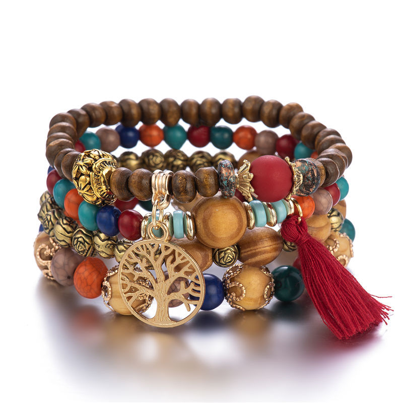 4Pcs Böhmen Baum Des Lebens Charme Perlen Armband Set Für Frauen Handgemachte Holz Perlen Kette Armreif Weibliche Boho Schmuck
