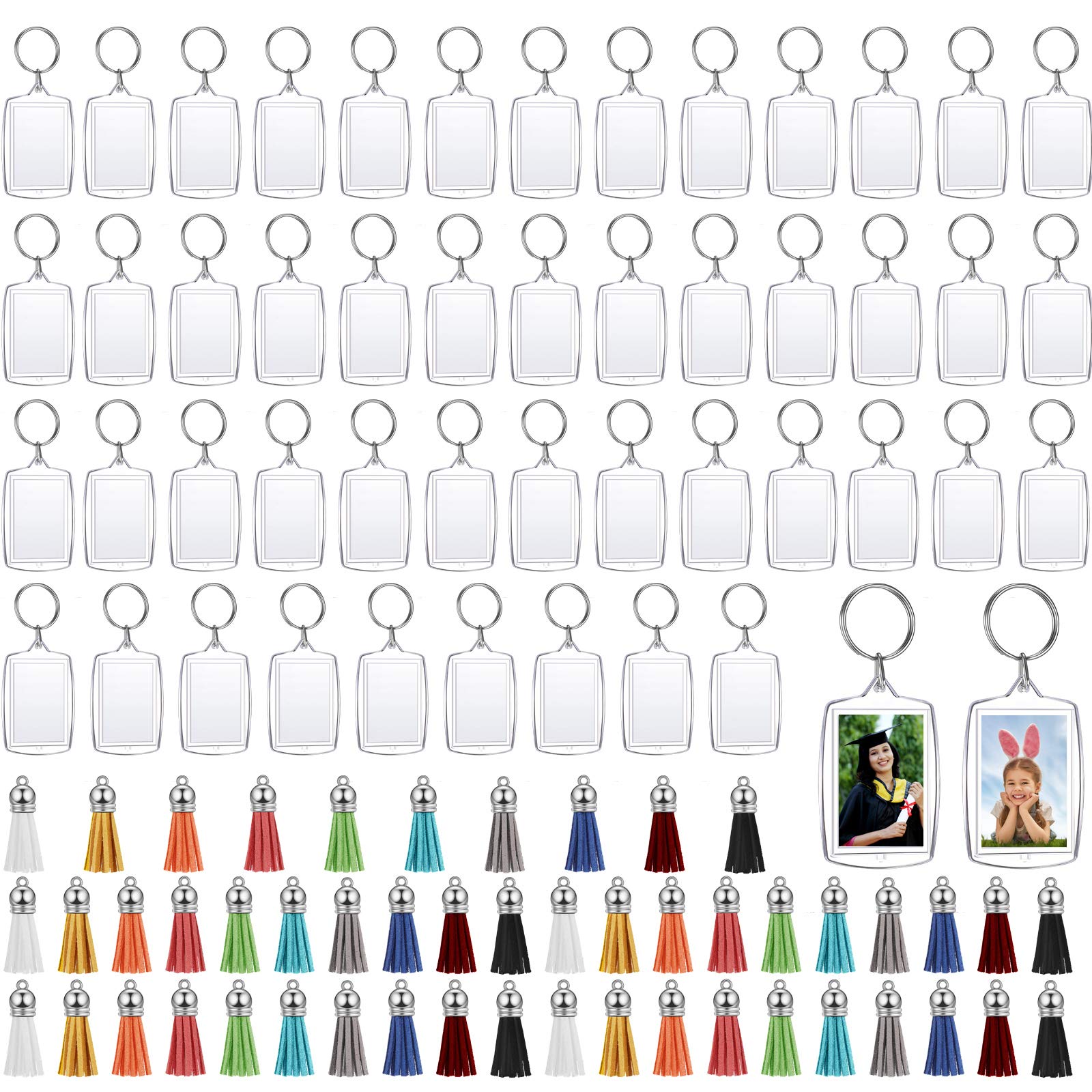50/100 Stück DIY Acryl-Fotorahmen-Schlüsselanhänger mit Quasten, Snap-In, individueller Einsatz, Foto-Acryl-Rohling, doppelseitiger Bildhalter