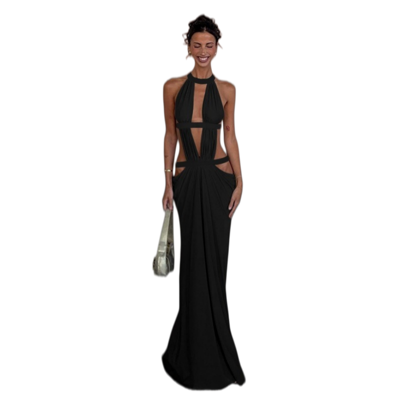 Robe longue sexy pour femme, à découpes, col licou, sans manches, dos nu, taille haute, avec sangles scintillantes, couleur unie