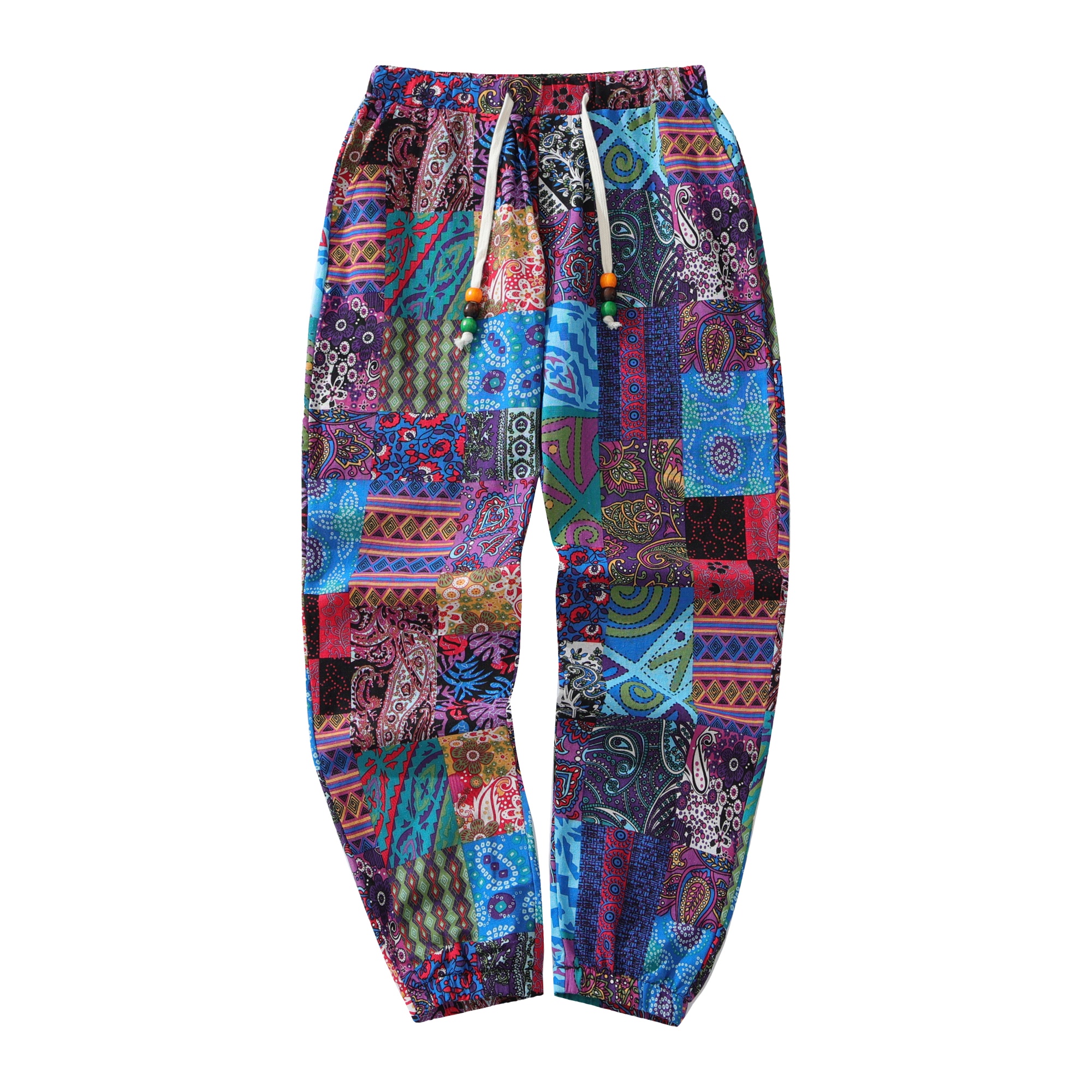 Pantalon Décontracté en Coton et Lin pour Homme, Imprimé Paisley Ethnique, Taille Moyenne, avec Fermeture à Cordon, Printemps/Automne
