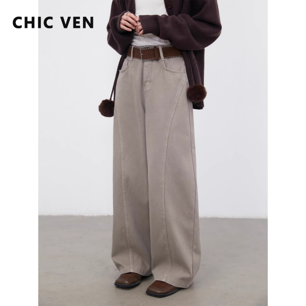 CHIC VEN Neue Damen-Jeans Einfarbig Locker Lässig Retro Hochgeschnittene Weite Beine Denim-Hosen Plüsch Damen-Hosen Frühling Herbst 2026
