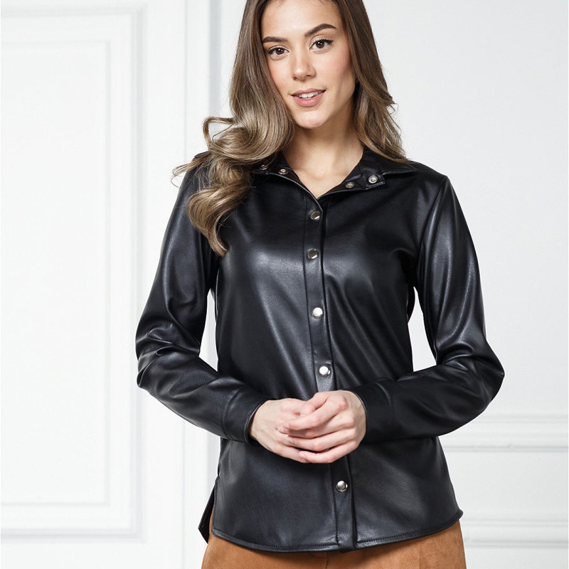 Camisas casuais de couro pu femininas mangas compridas gola virada para baixo senhora do escritório moda elegante tops cor sólida roupas femininas