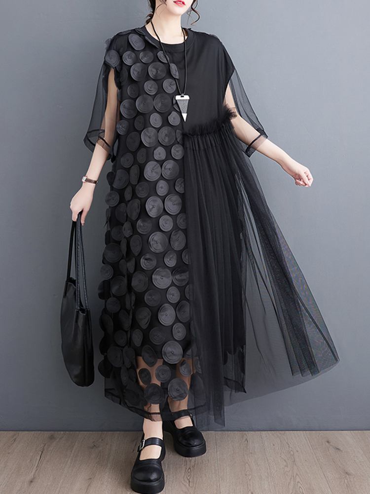 Vestidos Vintage de Mujer con Malla Negra y Puntos, Manga Corta, Holgados, Casuales, Largos, Elegantes, Moda Verano 2026