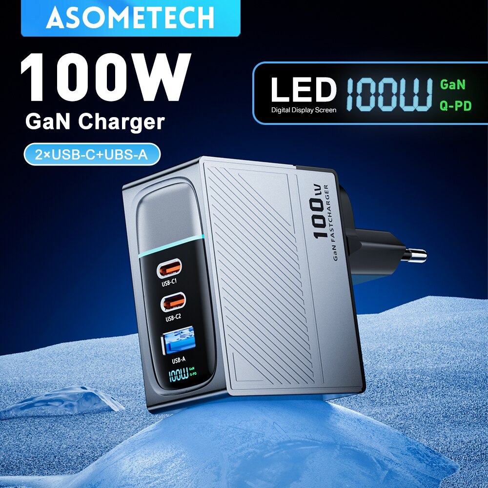 ASOMETECH-cargador GaN de 100W QC4.0 PD 67W 65W PPS, pantalla portátil Multi USB tipo C, Cargador rápido para ordenador portátil, tableta, iPhone y Samsung
