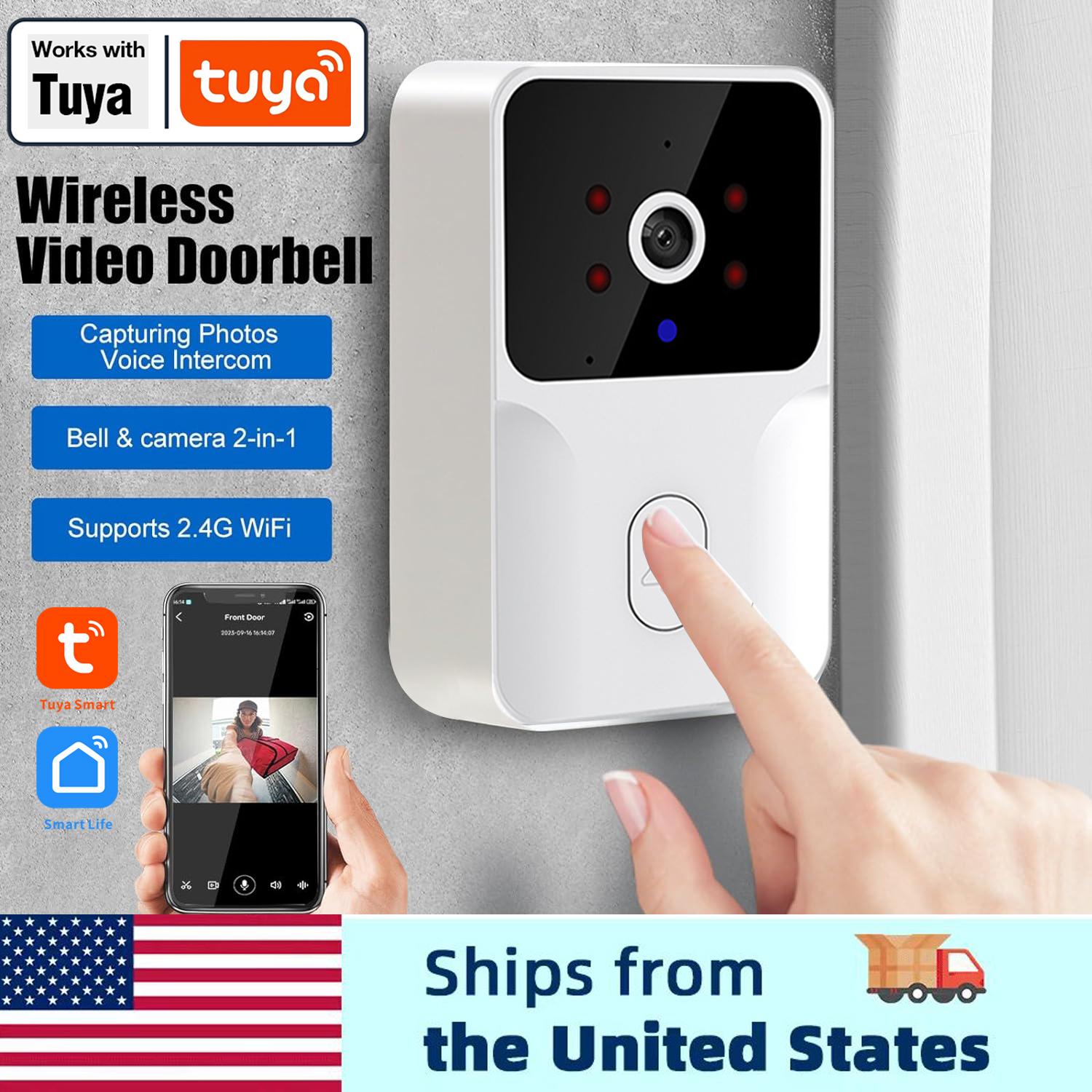 Tuya Smart Video Deurbelcamera 480PHD Draadloze deurbel voor huisbeveiliging, nachtzicht, stemverandering, 2-weg audio, waterdicht