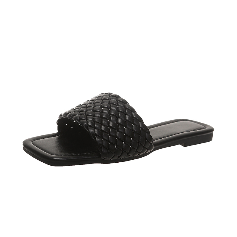 รองเท้าแตะสตรี 2025 ฤดูร้อนขายเซ็กซี่ถักสีแดงสแควร์ Toe Flip-Flops แฟชั่นชายหาด Mules Casual รองเท้าแตะในร่ม