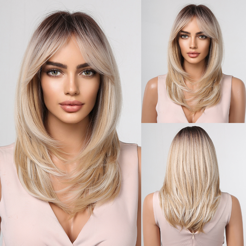 Pelucas largas rubias ALAN EATON para mujer, peluca de pelo sintético con flecos, Color degradado con raíces oscuras, pelucas en capas resistentes al calor