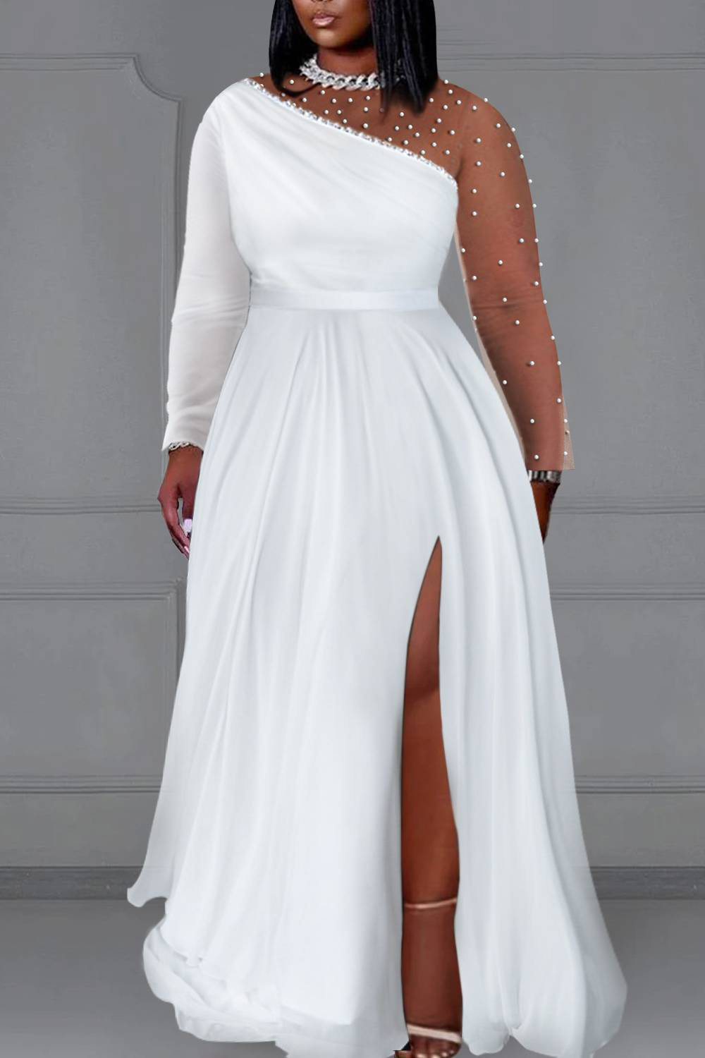 Vestido de fiesta de boda de talla grande para mujer, vestidos largos blancos con cuello redondo y manga larga con perlas divididas, vestidos nuevos elegantes con un hombro
