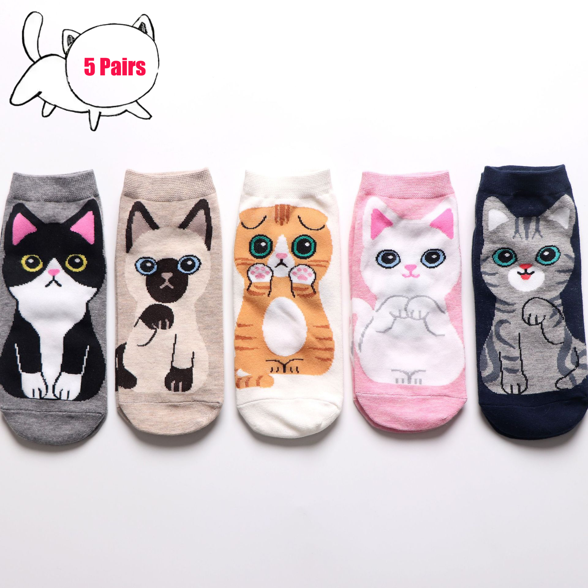 5 paires/ensemble de chaussettes de cheville chat mignon de dessin animé pour femmes, respirantes, parfaites pour la mode quotidienne