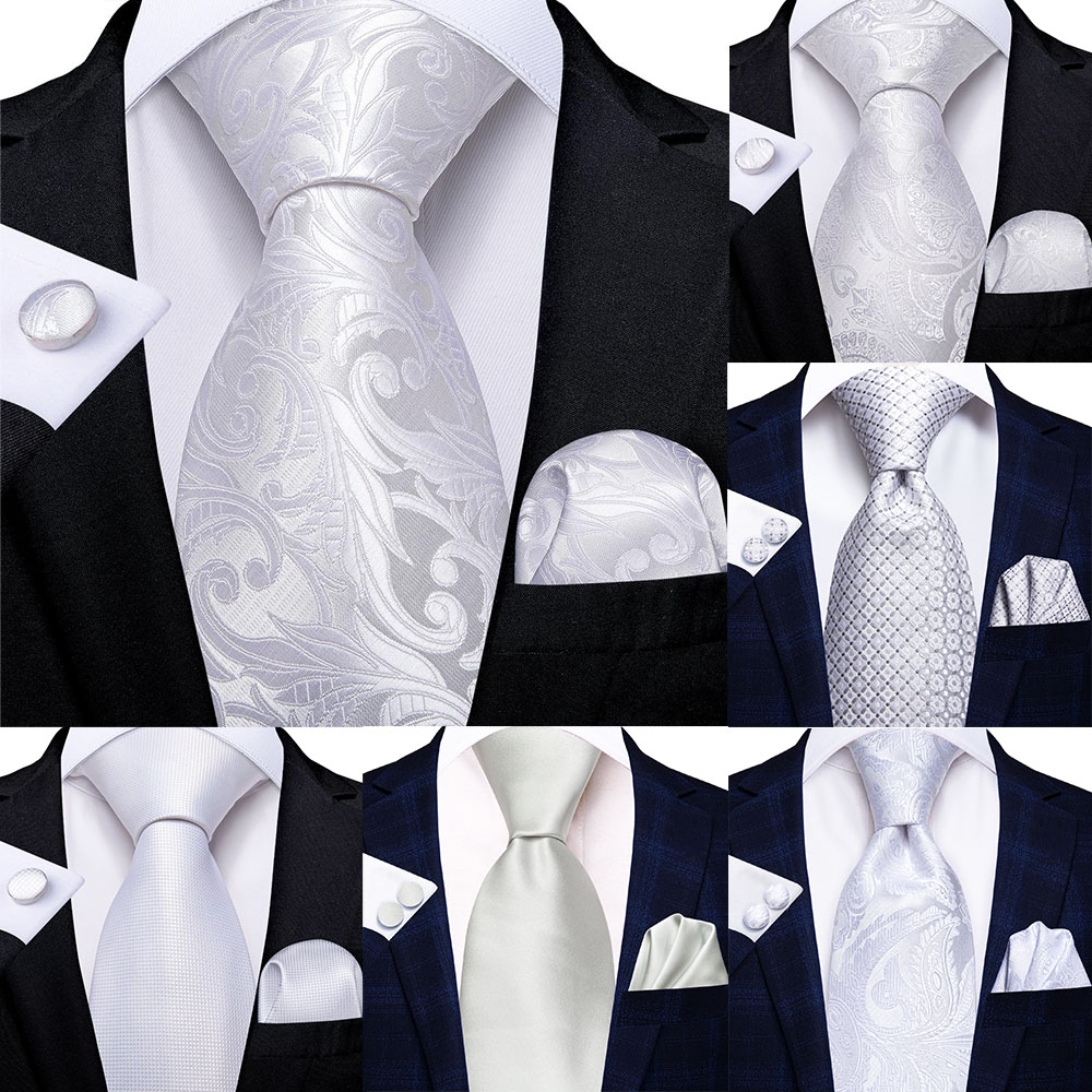 Nouvel ensemble cravate, pochette et boutons de manchette blancs à motifs floraux pour homme 2026 – Idéal pour mariage, fête, affaires – Marque de mode Hi-Tie