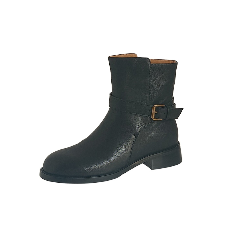 SmallHut Trend Damen Herbst Winter Stiefeletten aus echtem Leder, braun, schwarz, Blockabsatz, runde Zehenpartie, Schnalle, Damen-Motorradstiefel