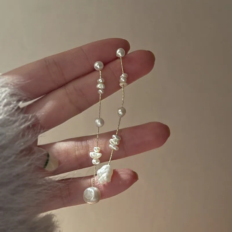 มินาร์ ฝรั่งเศส บาโรกต่างหูมุกน้ำจืดสำหรับผู้หญิงทอง 14K ชุบทองแดงโซ่ยาวต่างหูพู่เครื่องประดับเจ้าสาว