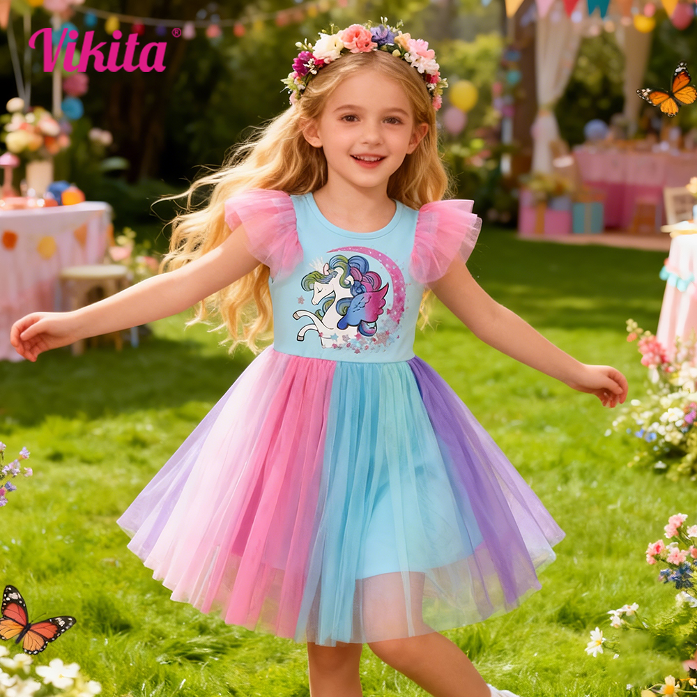 VIKITA Vestido infantil com estampa de estrela e unicórnio, colorido, arco-íris, mangas com babados, festa de aniversário, princesa, fantasia casual
