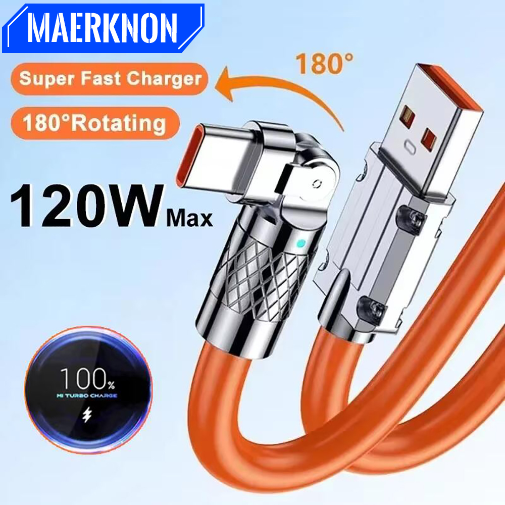 180 Grad drehbares Ellenbogen-USB-C-Kabel, 120 W, 6 A, Schnelllade-Telefon-Ladegerät, Datumskabel für iPhone, Samsung, Xiaomi, Schnellladekabel