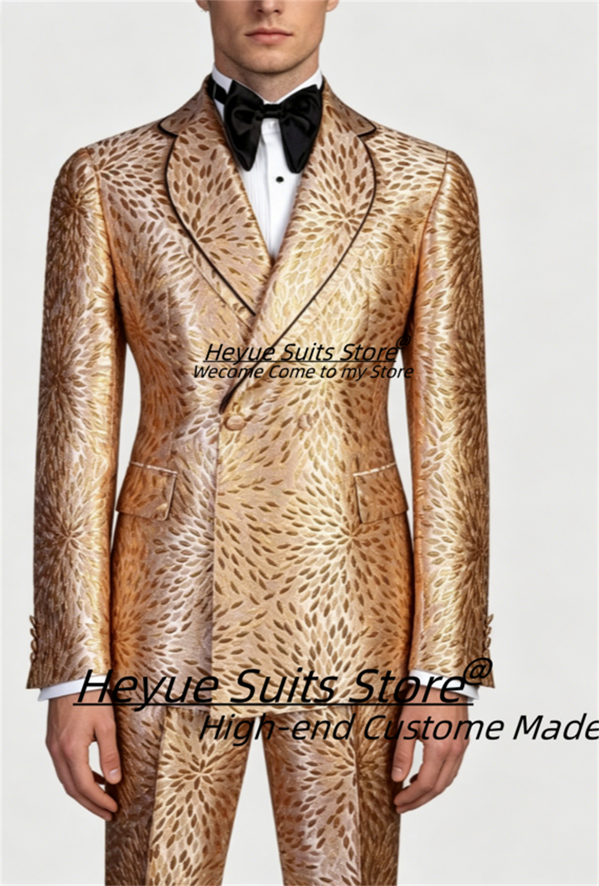 Glanzende gouden blad jacquard heren dubbelgeknoopte pakken op maat gemaakt, slim fit, met revers, bruidegom trouwpakken, 2-delige sets