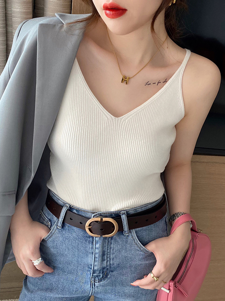 Korea Sommer Tops 2026 Neue Feste V-ausschnitt Elastische Gestrickte Hosenträger Camis frauen Tanks Kleidung Grundlagen Hemd