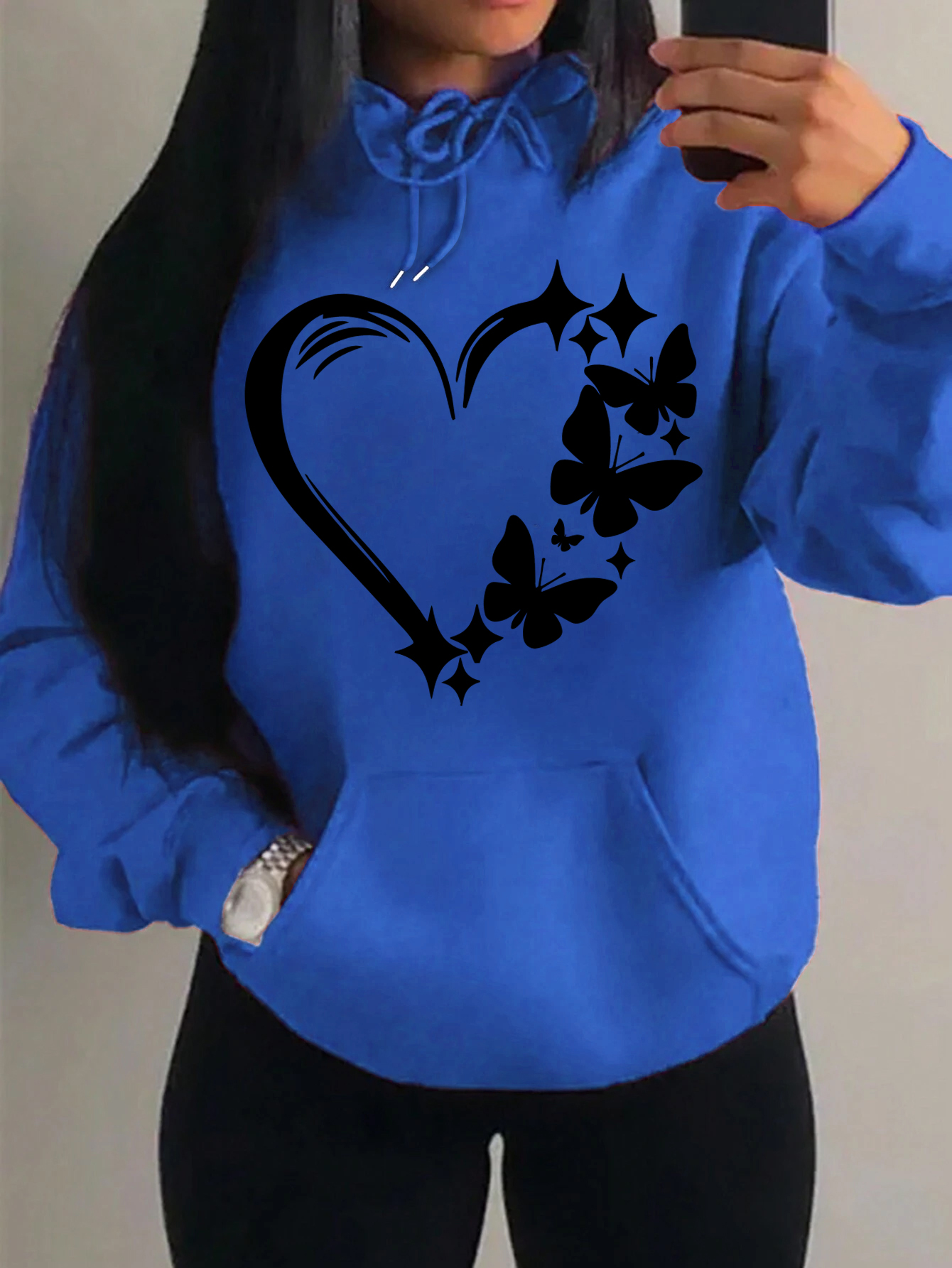 Sudadera con capucha con diseño de amor y mariposa para mujer, sudaderas con capucha de calle de Hip Hop, ropa de bolsillo a la moda, Sudadera con capucha Multicolor Vintage