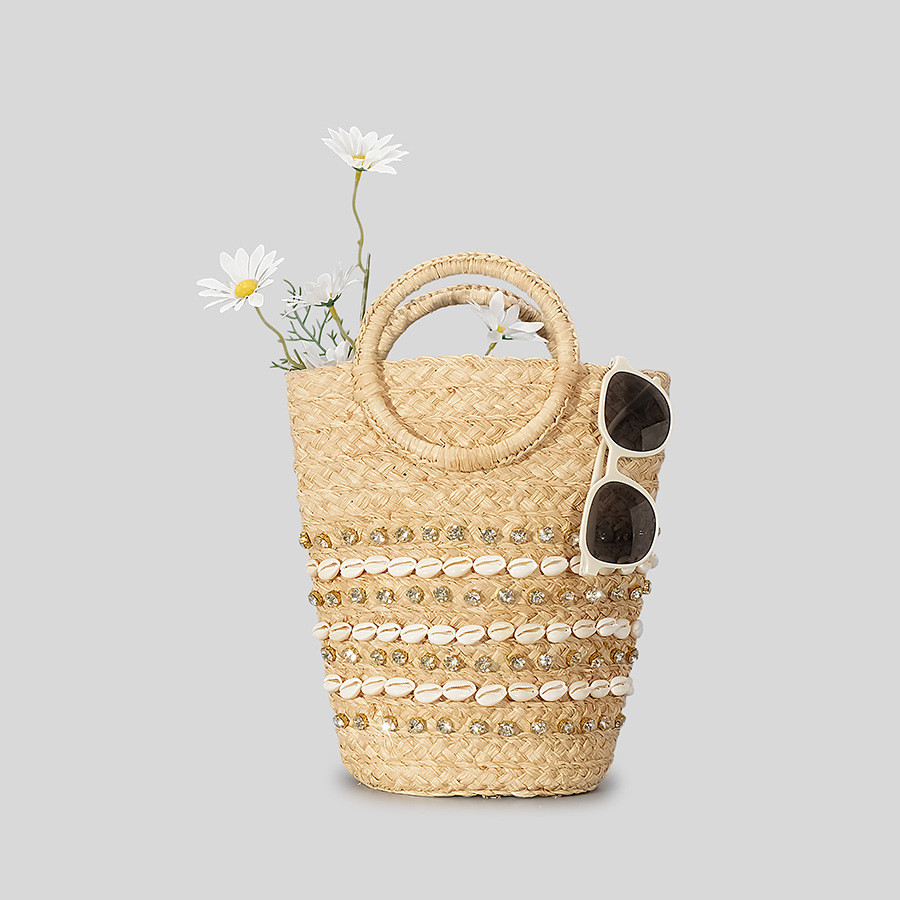 สไตล์ชาติพันธุ์ 2024 กระเป๋าผ้าหวายทอแหวนกระเป๋าสะพายกระเป๋าถือ Handmade ฟางทอกระเป๋า