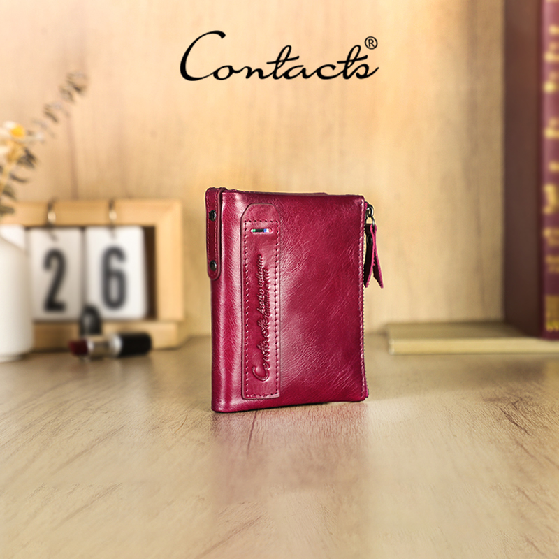 Portafogli da Donna in Vera Pelle CONTACT'S, Bifold di Lusso Retrò con Scomparti per Foto, Porta Carte, Portamonete, Regalo per Viaggi e Appuntamenti