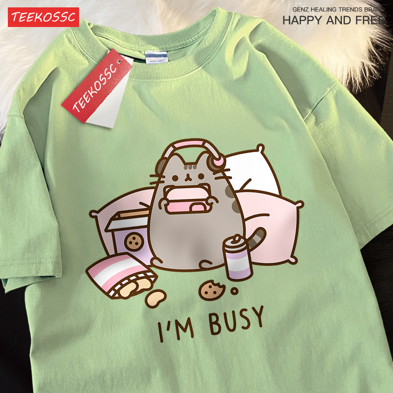 Camiseta de algodão com fones de ouvido para homens, roupas soltas, tops para casal, desculpe estar ocupado, gato jogando jogos, alta qualidade