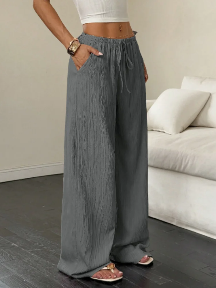 Zomer 2025, dames casual effen kleur textuur stof taille gordel zijzak wijde pijpen broek nieuwe grensoverschrijdende stijl