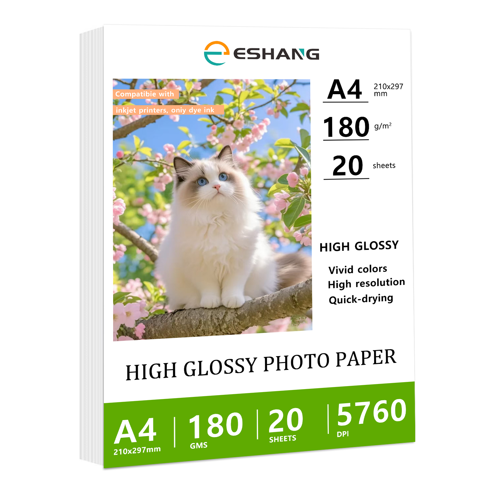 20 feuilles de papier Photo haute brillance 180Gsm 48Ib format A4 (8.3x11.7 pouces) pour imprimante à jet d'encre
