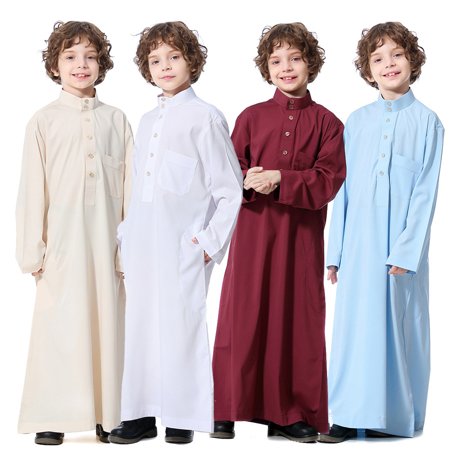 男の子のための長いカフタンの服,スタンドカラーのラマダンのジュバの衣装,イスラム教徒のアラビアの服,ドバイ,トルコ