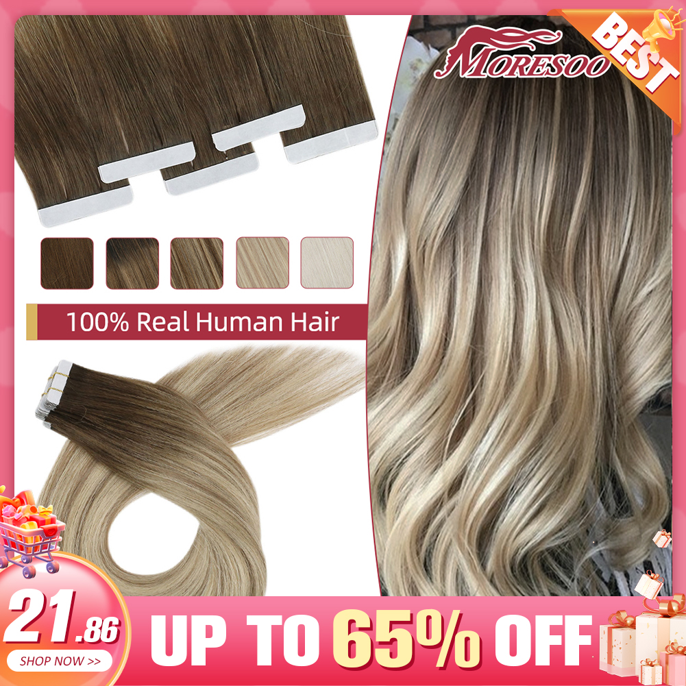 Moresoo Virgin Tape in Haarverlängerungen, 100 % echtes Echthaar, 2,5 g/Stück, natürlich, glatt, hochwertig, 12 Monate Haarband-Ins