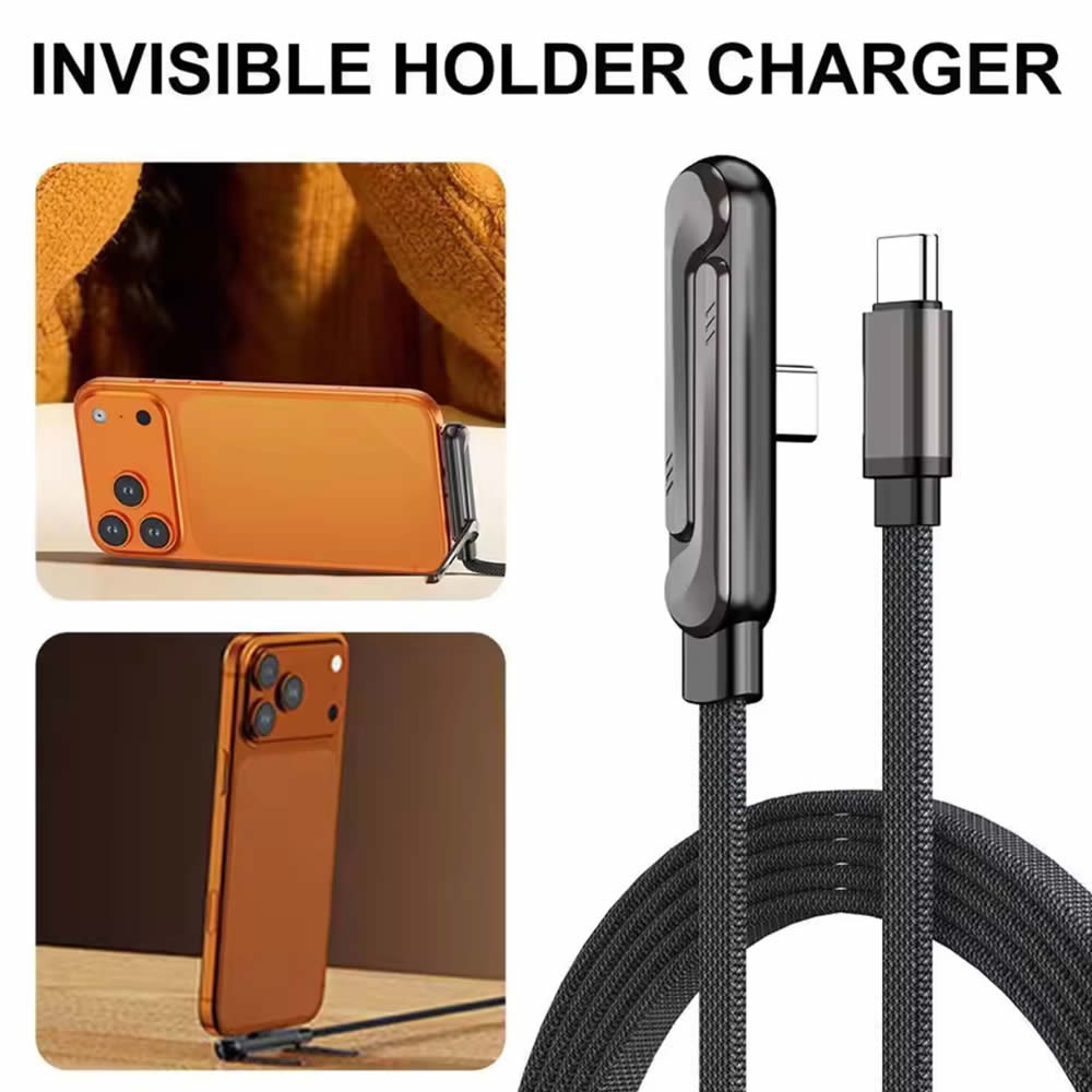 240W PD USB C Cable with Built-in Foldable Phone Stand, 90° Elbow Fast Charging Cord for iPhone Samsung Xiaomi Gaming