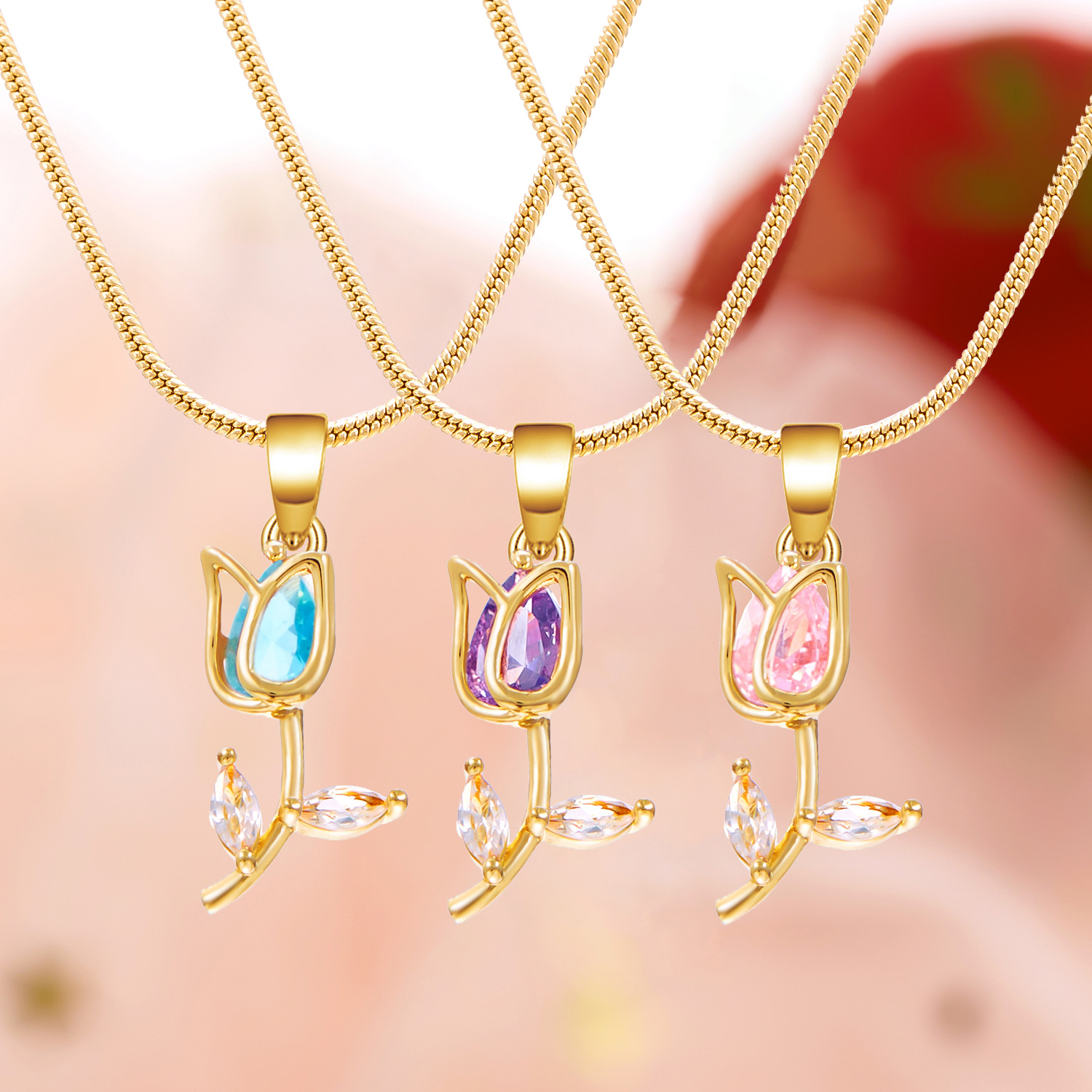 Collar de Cadena con Colgante de Flor de Tulipán de Circonio de Lujo Ligero para Mujer, Elegante Pulsera de Latón, Joyería de Moda para Fiesta, Regalo