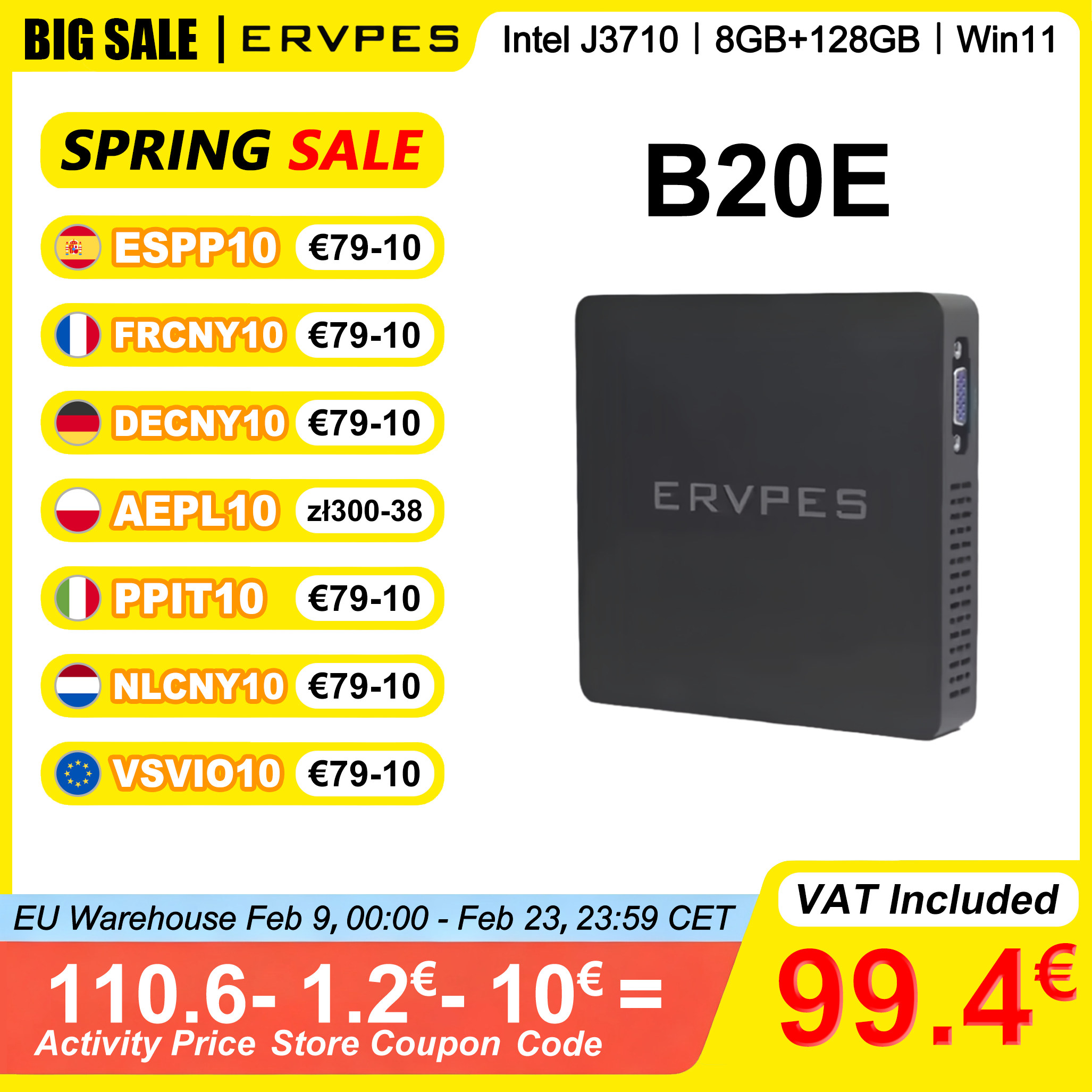 ERVPES Mini PC B20E 8GB RAM 128GB SSD ROM J3710 Windows 11 Bluetooth 5.2 Mikrokomputer stacjonarny HDMI Dual Band Wi-Fi