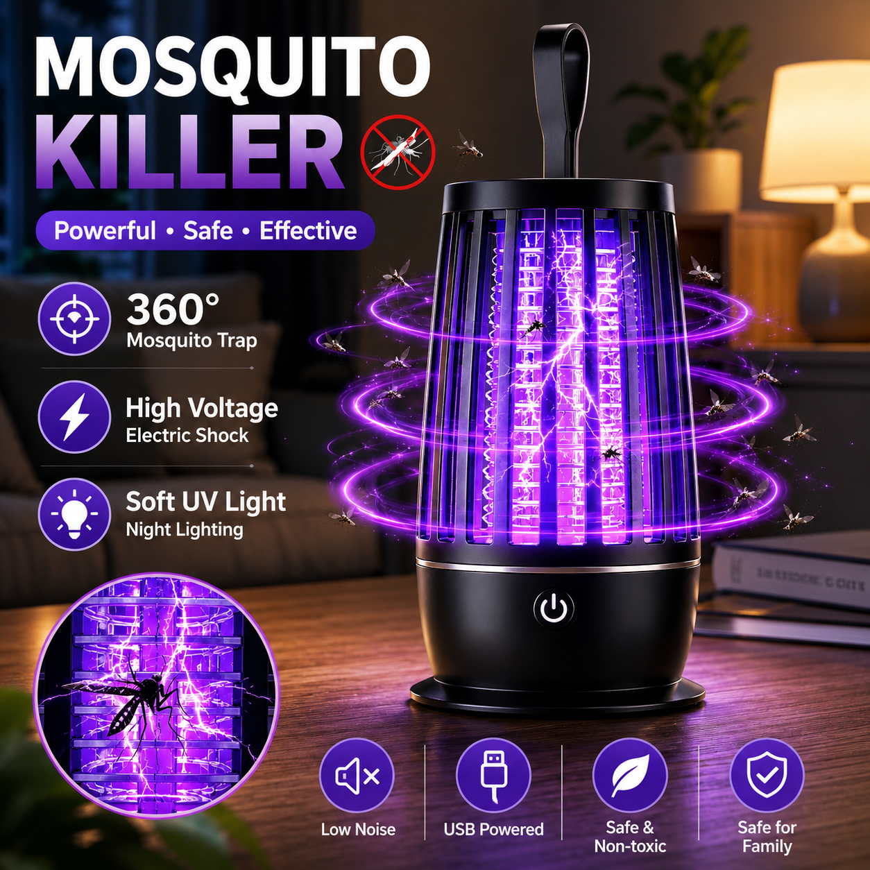 Lampa owadobójcza 2 w 1 z UV światłem, łapacz owadów, ładowana przez USB, cicha lampka nocna, zapper na owady do domu, sypialni, na kemping, na zewnątrz.