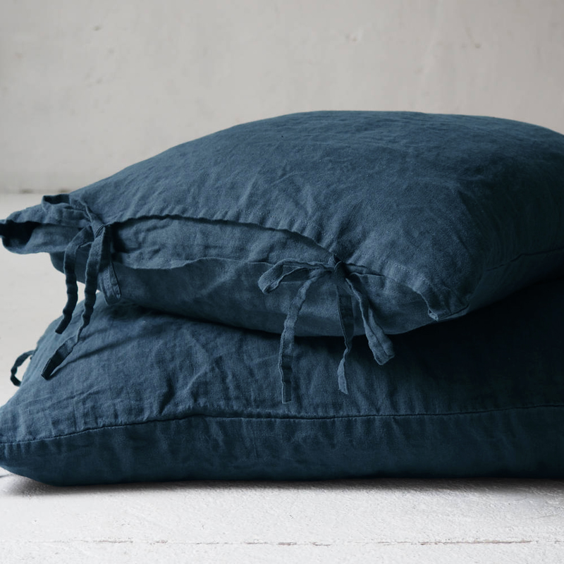 Funda de Almohada Decorativa de Lino Puro de Color Sólido, Funda de Cojín con Lazo de Tamaño Personalizado para Cama, Azul Oscuro