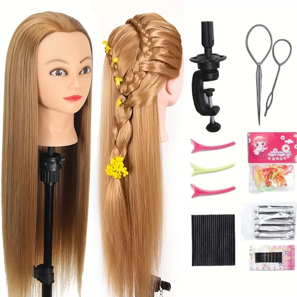 Cabeça de manequim cabelo fibra sintética longa com braçadeira livre, treinamento cabeleireiro, cabeça de boneca cosmetologia manequim, trança DIY
