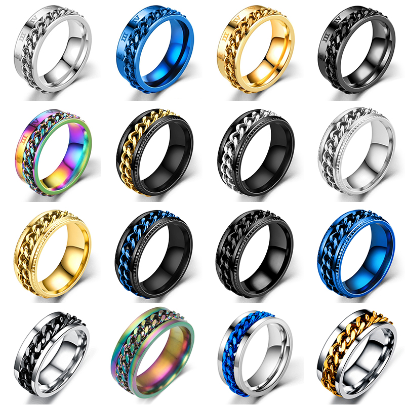 Cincin Rantai Dapat Diputar Baja Titanium Cincin Stres Pria Wanita untuk Perhiasan Pasangan Kecemasan Cincin Pembuka Botol 8Mm Hadiah Multifungsi