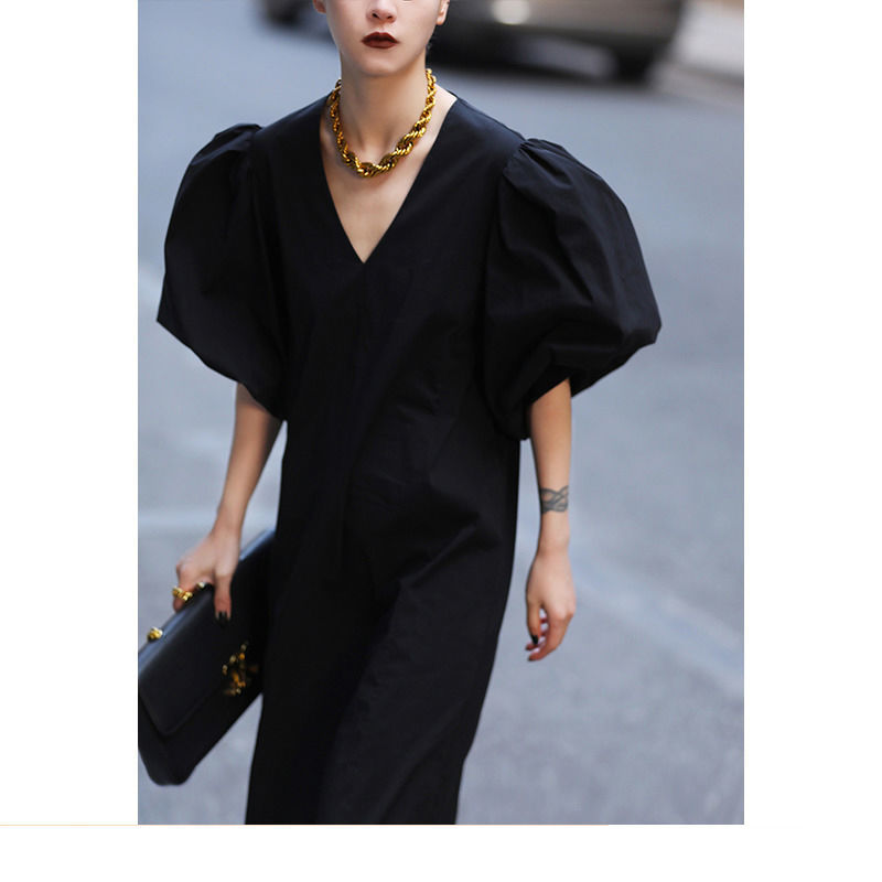 SuperAen 2022 Retro Slim Puff Sleeve V-neck Long Spring Summer New Solid Straight Dresses for Women