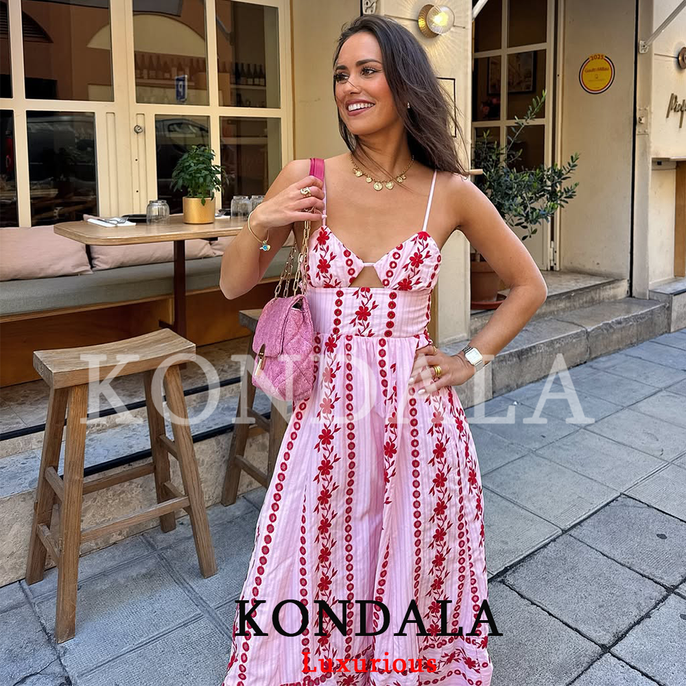 Robe Cami Rose Broderie Bohème Vintage KONDALA pour Femme, Robe de Plage Sans Dos à Lacets, Tendance Été 2026, Robe Élégante
