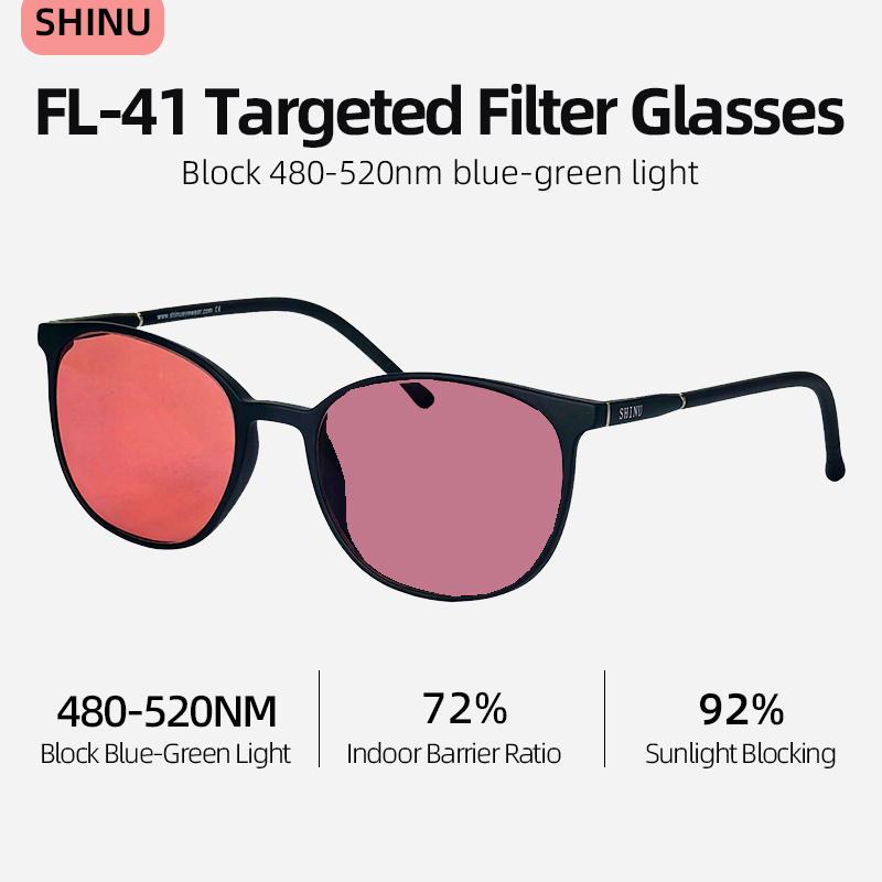 SHINU FL41 Getönte Brille FL-41 Migräne-Brille Blockiert 480-520nm Blau-Grünes Licht Anti-Photophobie Getönte Sonnenbrille für Frauen