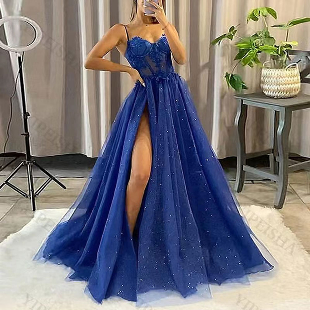 ที่กําหนดเองลูกไม้Tulleชุดราตรีสปาเก็ตตี้เซ็กซี่สูงยาวGownsอย่างเป็นทางการVestidos De Noche Largos Elegantes