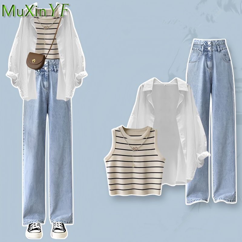 Conjunto de ropa cómoda de uso diario para mujer, chaleco a rayas a la moda coreana, camisa holgada blanca, pantalones vaqueros, traje, primavera y otoño, 2025