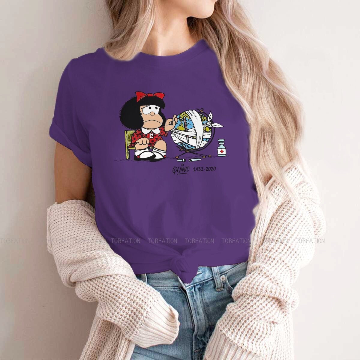 Koszulka z nadrukiem radia Quino 4XL, kreatywne topy z kreskówkowym motywem Mafalda, casualowa koszulka z krótkim rękawem dla dziewczyny