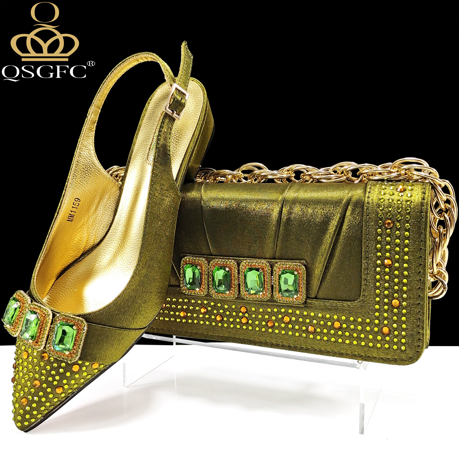QSGFC New Italian Olive Pumps and Bag for Party 2024 INS Style strass a punta elegante zeppa con tacco basso per donna