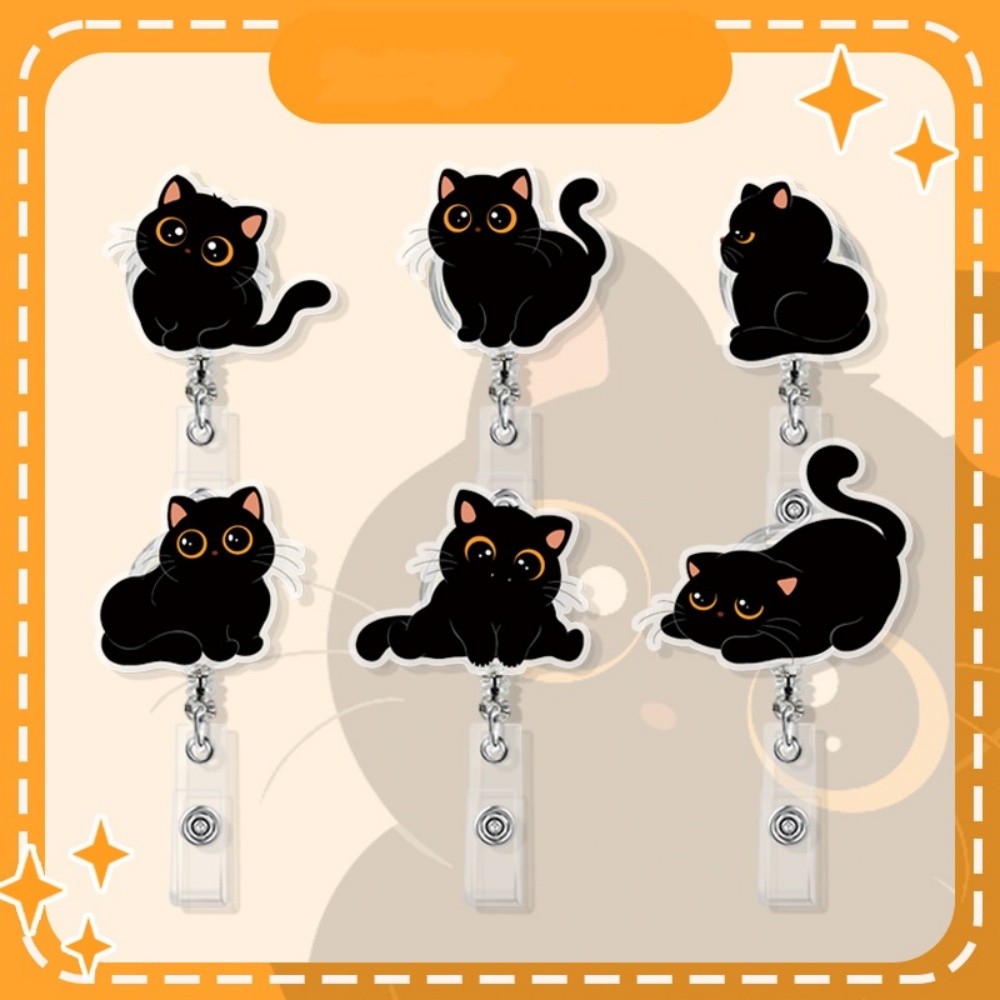 Cute Black Cat Acrylic Badge Holder Cartoon Animal Retractable Badge Reel Nurse Doctor Office Use Clip ID Card Holder Badge Reel