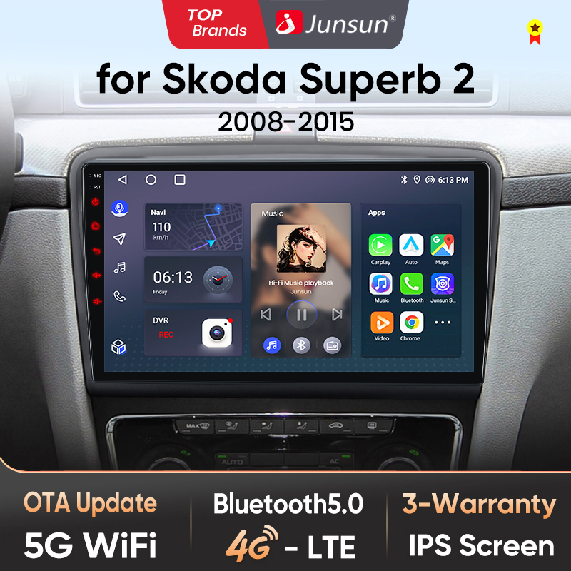 Junsun AI 4G LTE Bezprzewodowe Radio Samochodowe CarPlay Android Auto do Skoda Superb 2 2008 2009 2010 2011 2012-2015 GPS Navi BT DSP RDS FM
