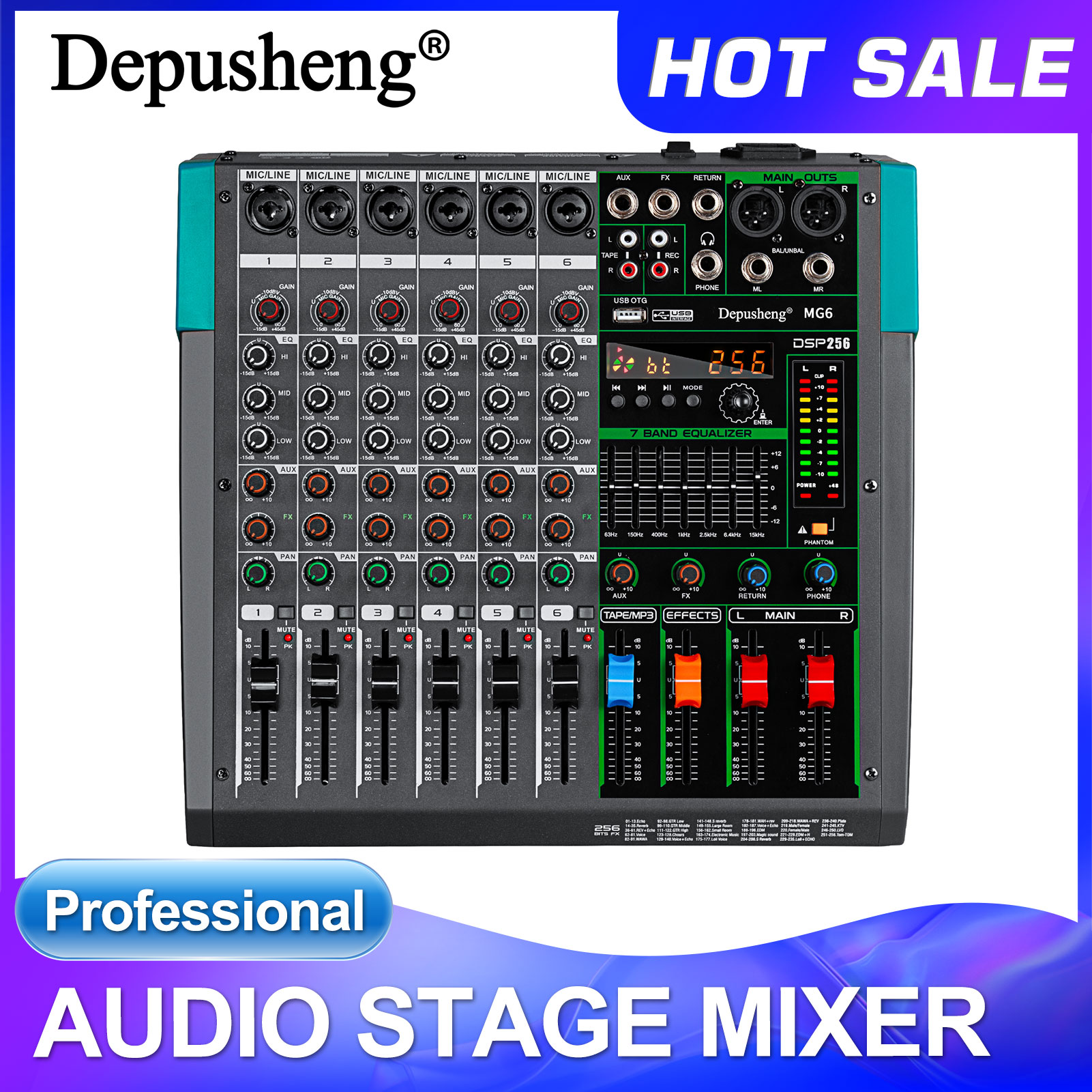 Console de mixage audio professionnelle Depusheng MG6, 6 canaux, table de mixage DJ, système d'interface, effets de réverbération intégrés 256