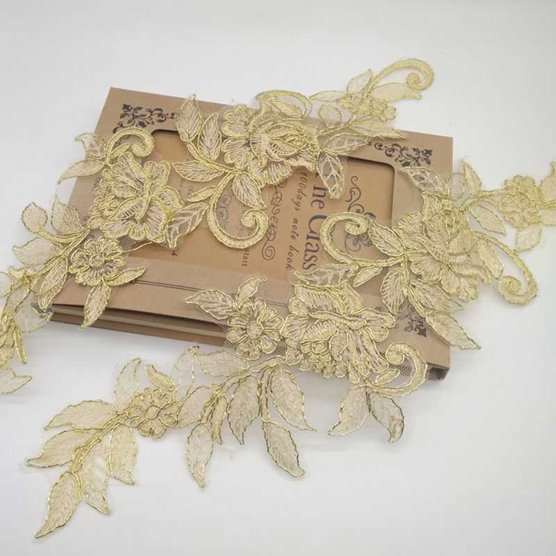 1 paire de patchs brodés en dentelle à motif floral doré, appliques florales pour couture, artisanat, robe de mariée vintage, 37,5*11,5 cm