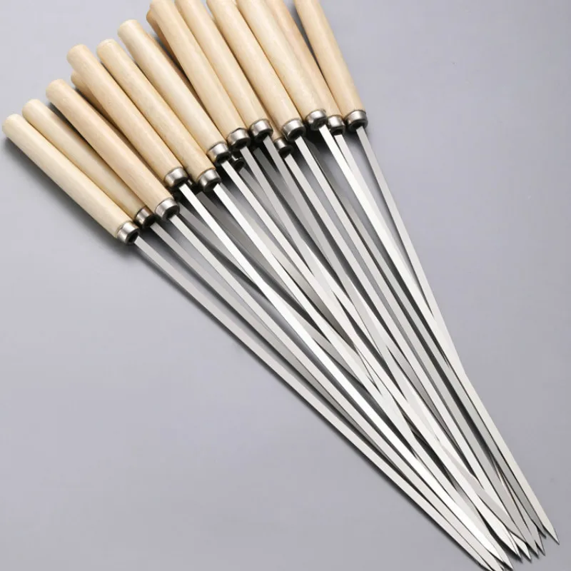 5/10pcs Wooden handle anti-scalding barbecue skewers can be reused 304 stainless steel metal barbecue skewers wide skewers