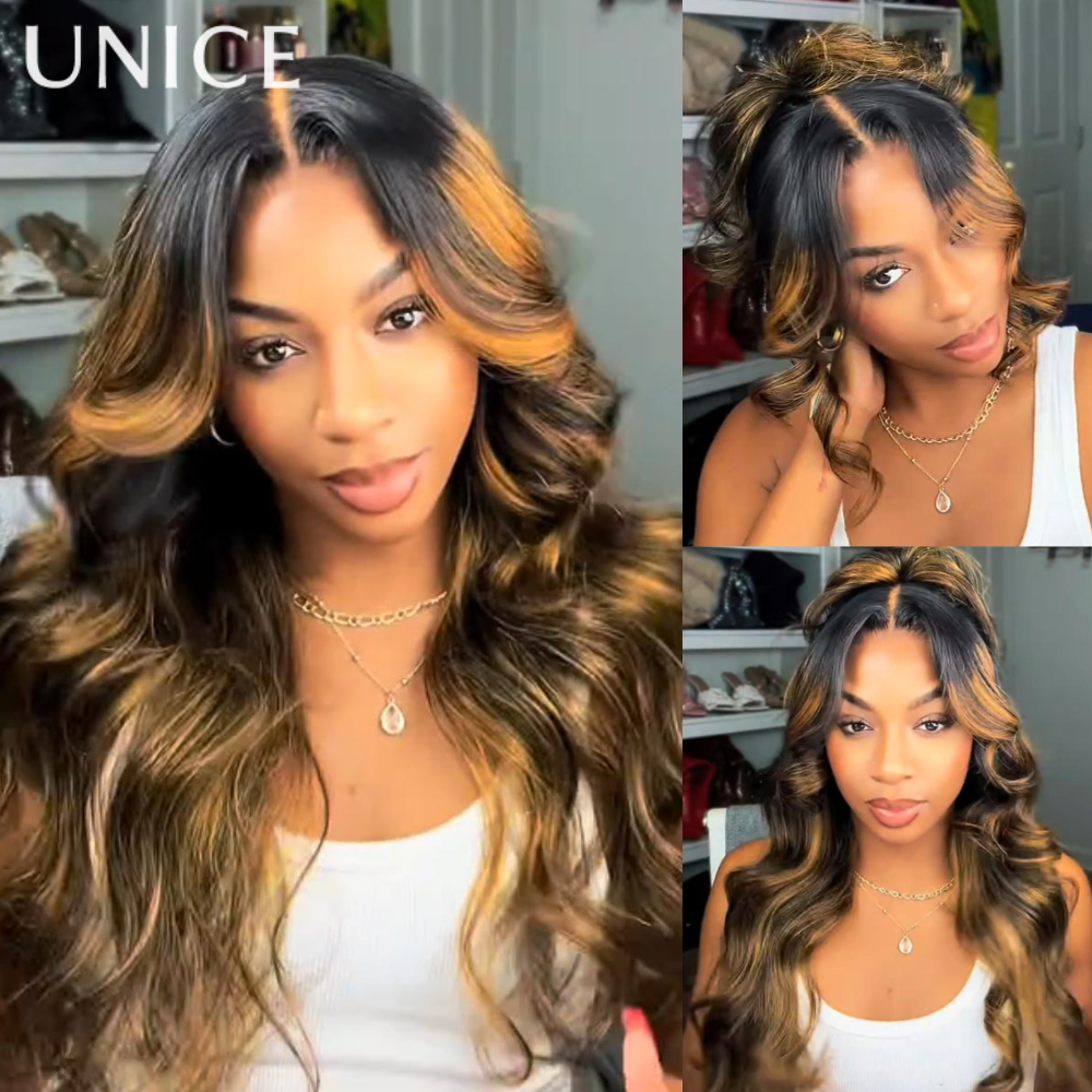 UNice 7x5 Bye-Bye Slip ™   Peruca de Cabelo Humano Ondulado Marrom com Mechas Ombré, com Cordão Ajustável, Pré-Cortada, Pré-Descolorida e Sem Cola