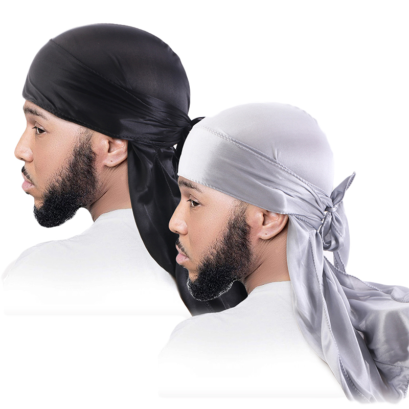 2 PÇS/LOTE Unissex Homens Mulheres Cetim Respirável Sedoso Durag Cauda Longa Doo Pano Chapéu Pirata Bandana Turbante Durag Headwear